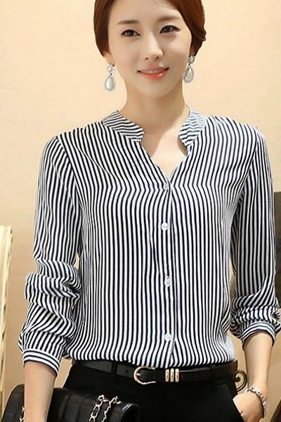 Áo voan sọc kẻ cổ trụ ms0824