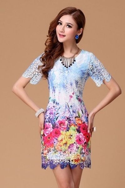 Đầm ren hoa xanh in 3d ngũ sắc- dt99- e290