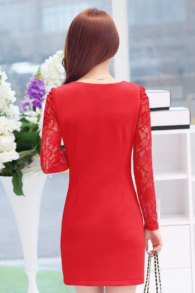Đầm cổ v nhún eo phối tay ren màu đỏ có xxl - d4223