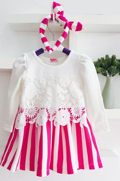 A17363 - đầm thun sọc phối ren kèm băng đô oshkoshri 8size 1-8