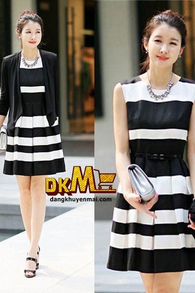 Đầm dạo phố dáng xòe sọc ngang phối màu trẻ trung bello ddp08196