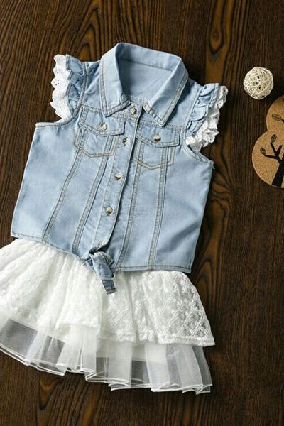 A17914 - 10/11set áo jeans cổ sơ mi chân váy 2 lớp voan lưới mềmri 8size 1-8