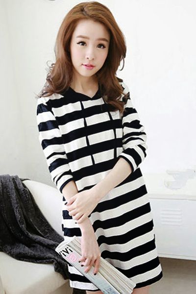 Đầm sọc ngang phối nón hoody - 1163