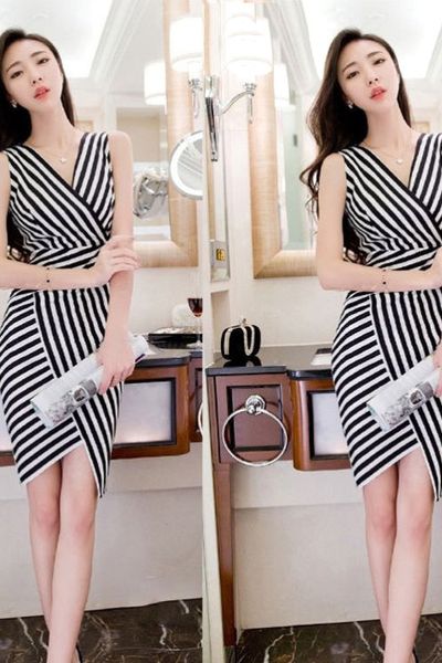 Đầm sọc cổ v sẻ đùi mh ld76-l145