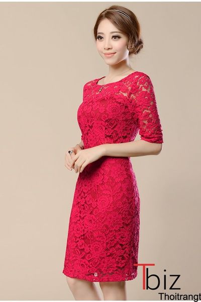 Đầm ren hoa đỏ tay lỡ- dt16 - e180