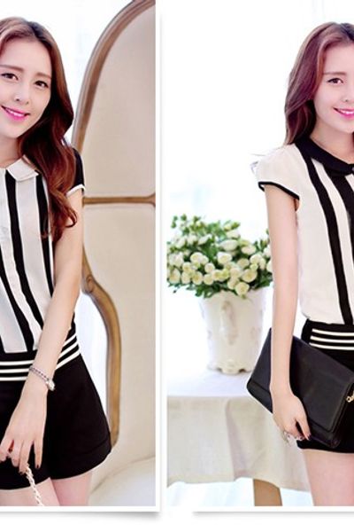 Set áo voan sọc dọc quần sort - as561