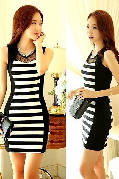 Đầm body sọc phối ren - 0844
