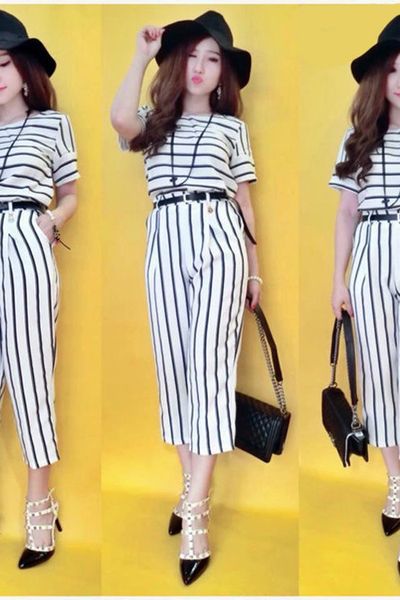 Set áo croptop - quần sọc- 1455