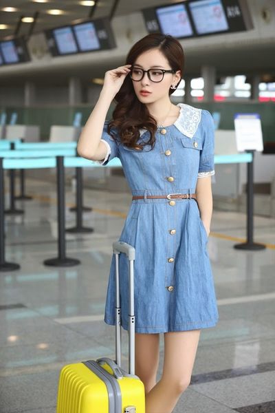 Đầm jean cài nút phối ren - 0321
