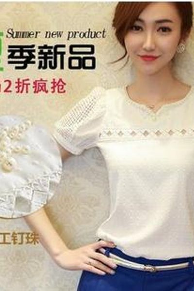 Áo sơ mi voan nữ ngắn tay thiết kế đuc lỗ gắn cườm sang trọng