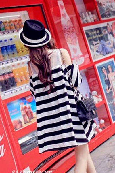 Đầm thun sọc phối voan cut out - 1372