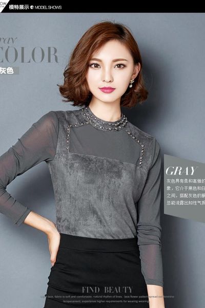 Áo nhung cổ voan đính hạt shishang - dk1008