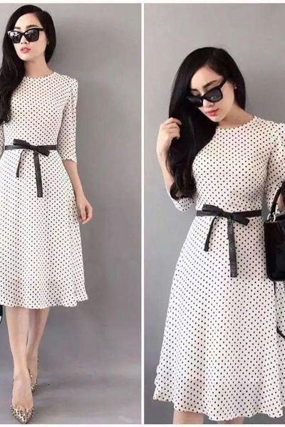 Đầm vintage chấm bi tay lửng kèm dây eo - 1571