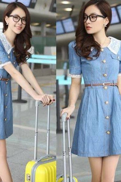 Đầm jean cài nút phối ren - 0321