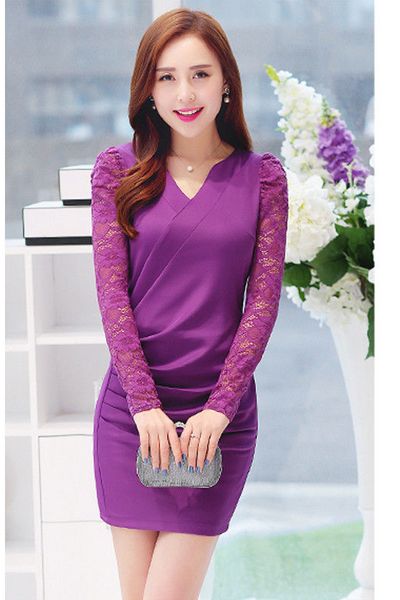 Đầm cổ v nhún eo phối tay ren có xxl - d4223