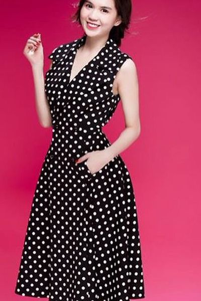 Đầm bi xòe cổ vest - 1489