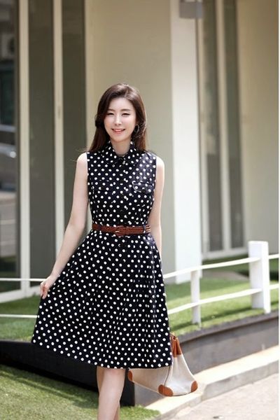 Đầm xoè chấm bi cổ sơ mi - 0574