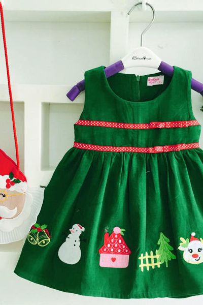 A19519 - đầm ticke nhung thêu đắp túi ông già noel cực xinh oshkoshri 8size 1-8