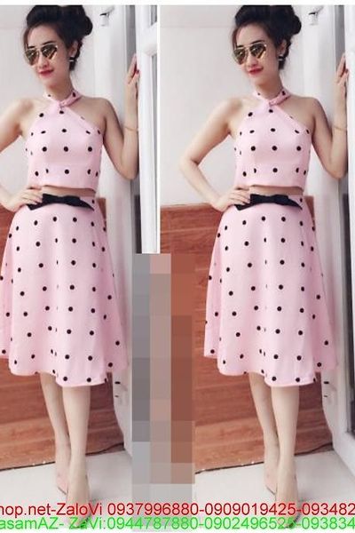 Hot girl việt sét áo kiểu cổ yếm chấm bi và chân váy xòe thời trang ju40