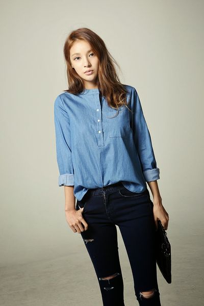 Áo somi denim cổ trụ ms1184