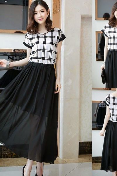 Đầm maxi voan phối caro - 1348