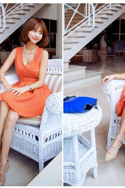 Đầm cam xếp ly eo thanh lịch - 0774