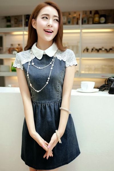 Đầm denim phối ren - 0139
