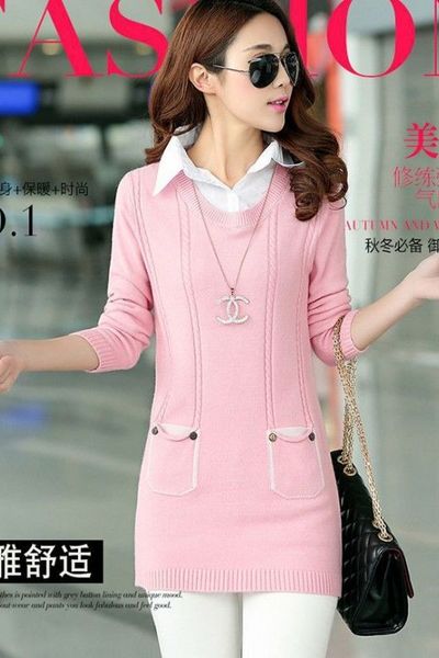 Áo len thắt bím 2 túi thời trang - ak7026