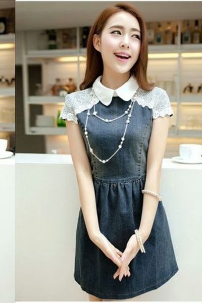 Đầm denim phối ren - 0139