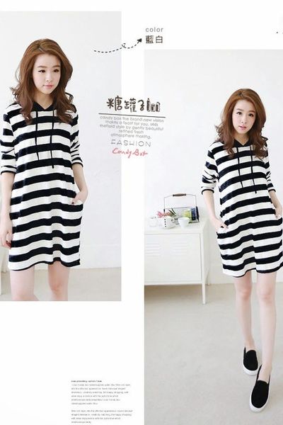 Đầm sọc ngang phối nón hoody - 1163
