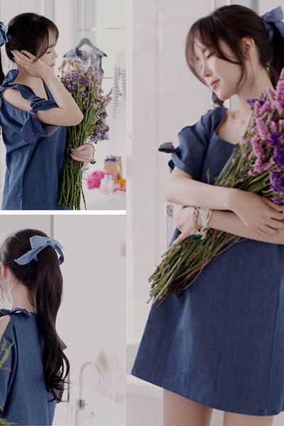 Đầm denim cut out tay nơ - 1577