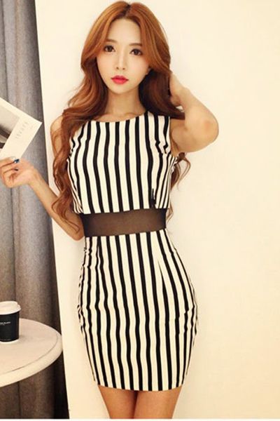 Đầm body sọc kẻ eo lưới - 1346