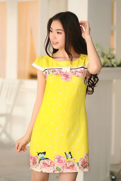 Đầm suông chấm bi họa tiết hoa - d005