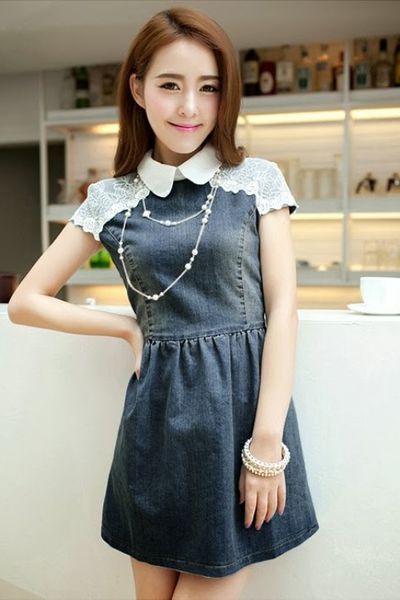 Đầm denim phối ren - 0139