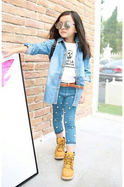 A17725 - 6/11set 2 bé gái năng động cá tính áo sơ mi jeans form dài tay dài quần jeans dài thêu co giãnri 8size 3-10
