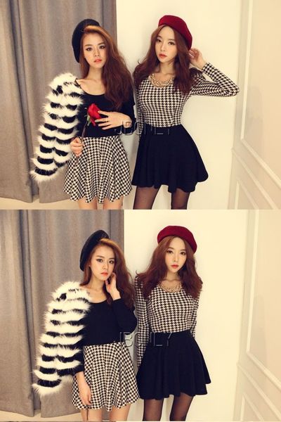 Đầm nữ dài tay xếp li họa tiết kẻ houndstooth cổ điển thanh lịch