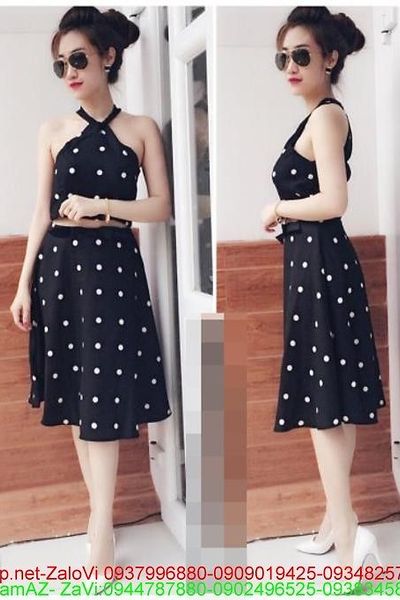 Hot girl việt sét áo kiểu cổ yếm chấm bi và chân váy xòe thời trang ju40