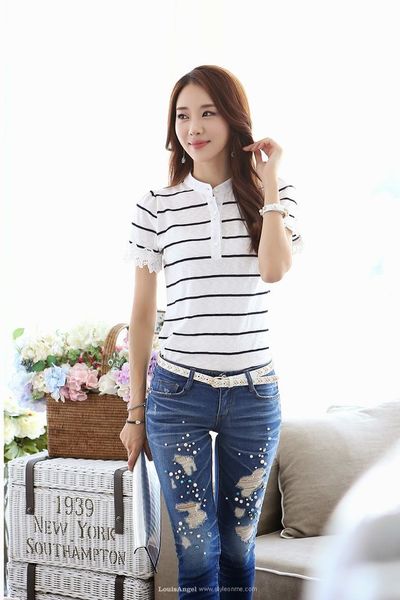 Áo thun ely sọc tay phối ren ms0718