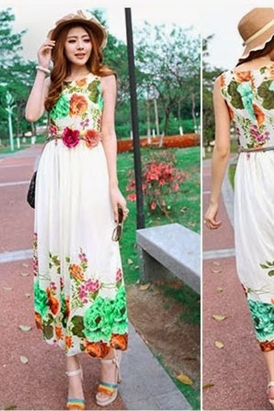 Đầm maxi hoa xanh không kèm nịt - 0702