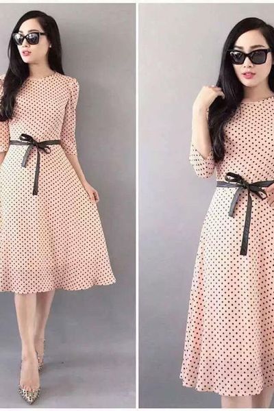Đầm vintage chấm bi tay lửng kèm dây eo - 1571