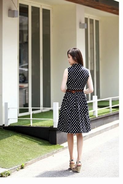 Đầm xoè chấm bi cổ sơ mi - 0574
