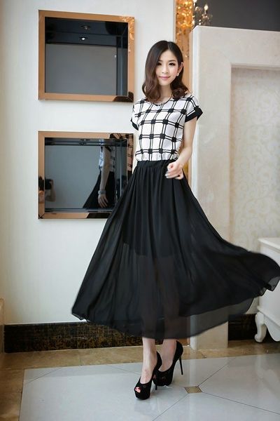 Đầm maxi voan phối caro - 1348