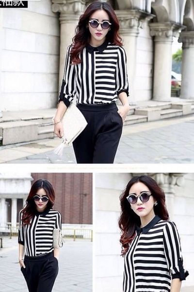 Set quần baggy áo phối sọc thời trang - b8028