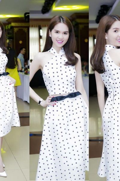 Bộ set áo và chân váy xòe chấm bi giống ngọc trinh