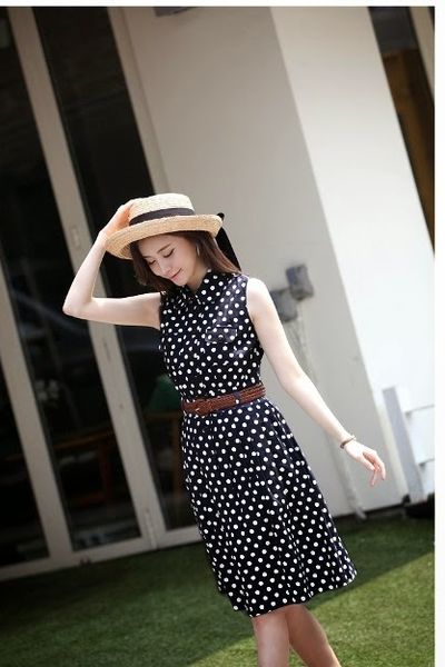 Đầm xoè chấm bi cổ sơ mi - 0574