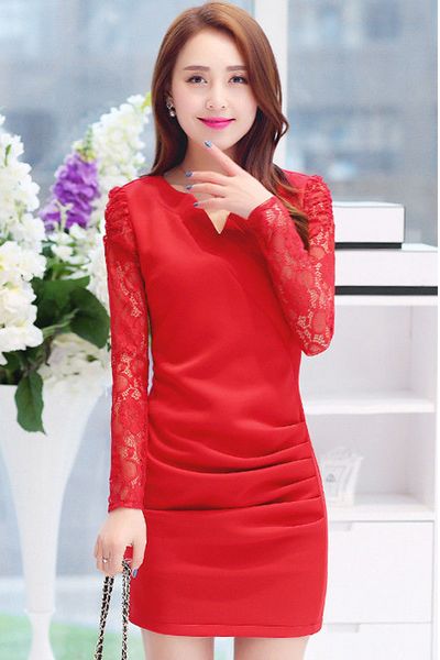 Đầm cổ v nhún eo phối tay ren màu đen có xxl - d4223