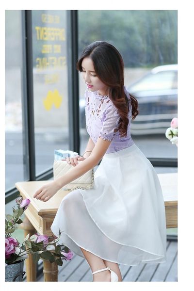 Set áo ren màu tím chân váy trắng dr2446