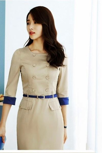 Đầm công sở thu đông phối nút - 0849