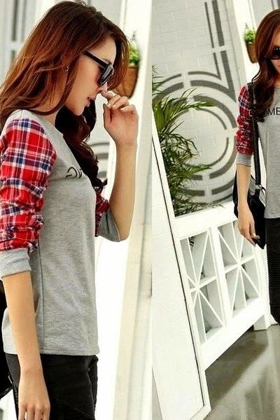 Áo thun tay phối caro