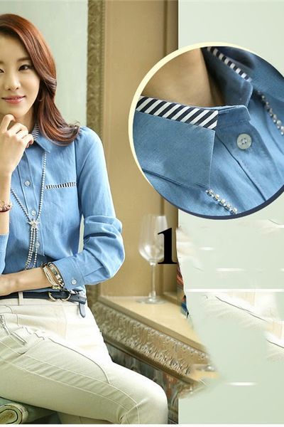 Áo denim phối sọc cổ - mc105 ms1277